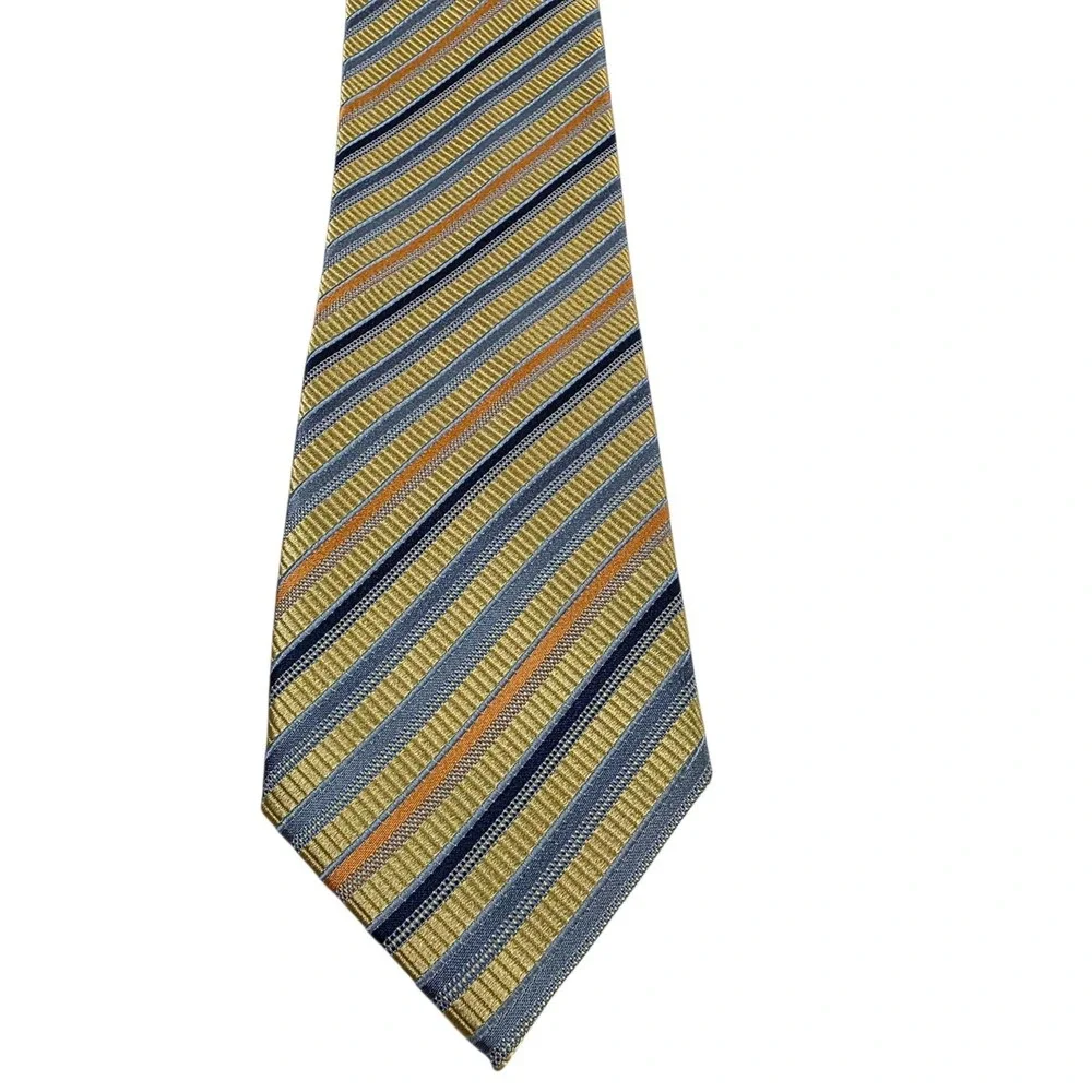 SCOTTY Z Palm Beach Silk Mens Yellow Blue Striped Necktie XL Hand Made Luxury‎